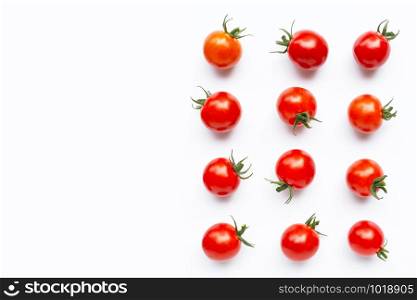 Fresh cherry tomatoes on white background. Copy space