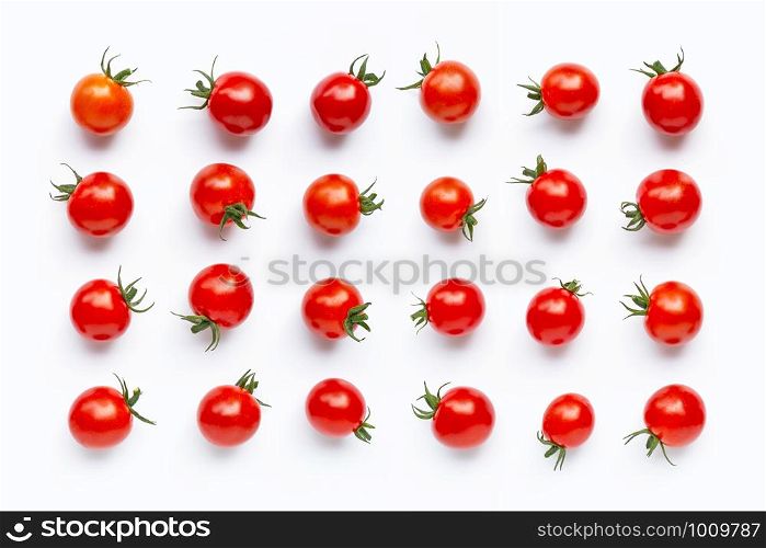 Fresh cherry tomatoes on white background. Top view