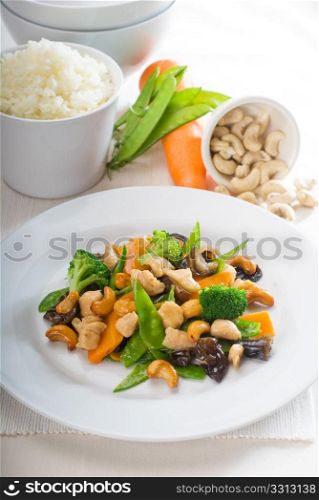 fresh chicken and vegetables stir fried with cashew nuts,typical chinese dish