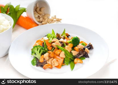 fresh chicken and vegetables stir fried with cashew nuts,typical chinese dish