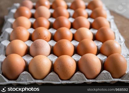 Fresh chicken eggs eggs in paper tray,egg carton on wooden background.