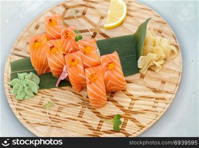 Fresh chilled sushi.. Fresh sushi on a platter is cooled with ice.