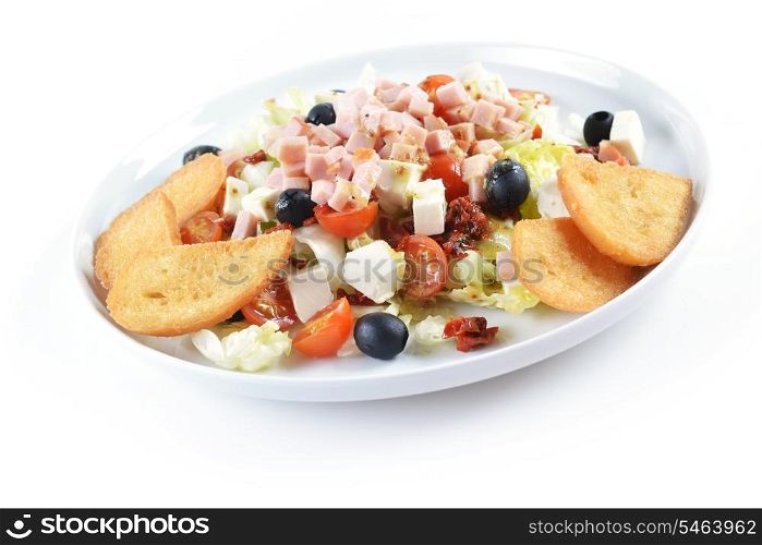 fresh chopped ham salad with cheese on white plate