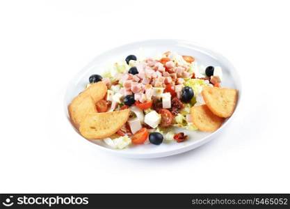 fresh chopped ham salad with cheese on white plate