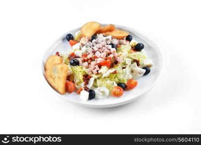 fresh chopped ham salad with cheese on white plate