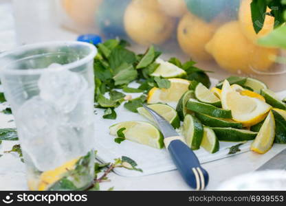 Fresh chopped ingredients for a refreshing cocktail with ice. Ingredients for a refreshing mojito cocktail. Close-up