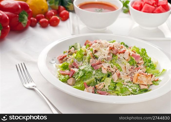 fresh classic caesar salad served with gazpacho soup,healthy meal ,MORE DELICIOUS FOOD ON PORTFOLIO