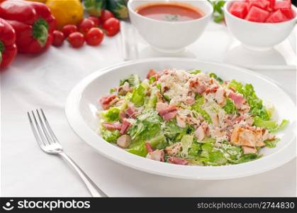 fresh classic caesar salad served with gazpacho soup,healthy meal ,MORE DELICIOUS FOOD ON PORTFOLIO