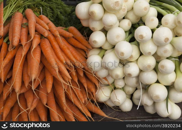 Fresh clean carrots with foliage and onion on the market. Fresh clean carrots with foliage and onion on the market.