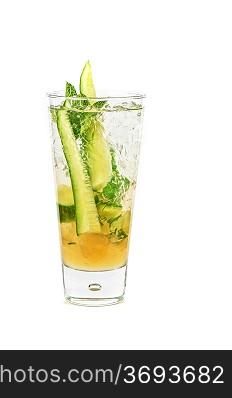 Fresh cocktail with cucumber, apple juice, lemon juice and ice isolated on white background