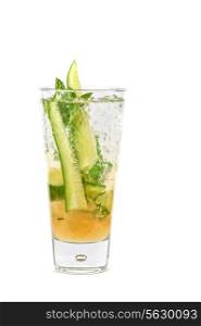 Fresh cocktail with cucumber, apple juice, lemon juice and ice isolated on white background
