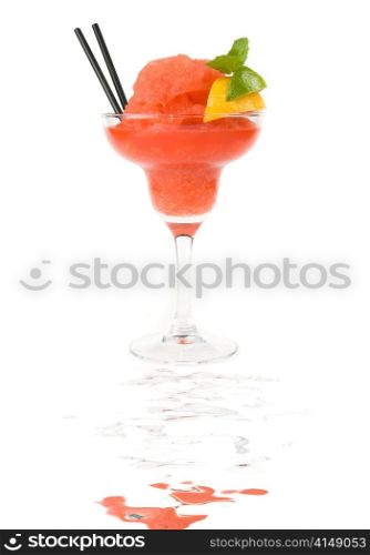 Fresh cocktail with watermelon, lemon and mint isolated on white