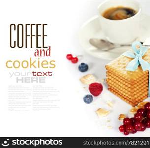Fresh coffee and biscuits with berries on white background (with sample text)