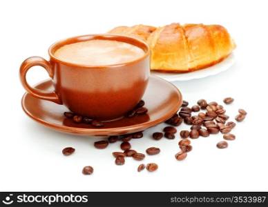 fresh coffee cup and croissant isolated on white background