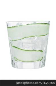 Fresh cold cucumber water with ice cubes and cucumber slices isolated on white background. Healthy and refreshing organic drink.