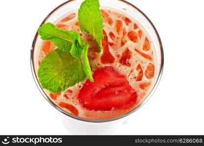 fresh cold tea with strawberry and ice on white