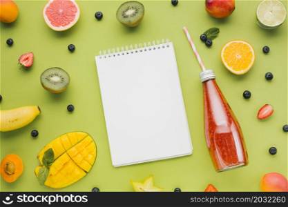 fresh colorful flat lay with fruit juices