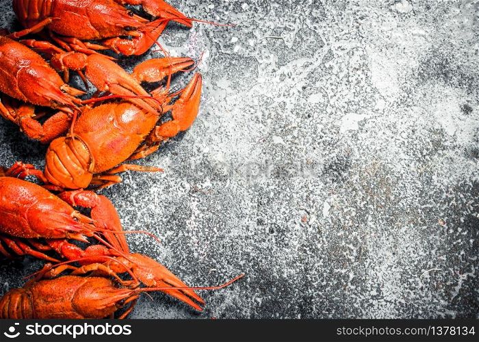 Fresh cooked crayfish. On a rustic background.. Fresh cooked crayfish.