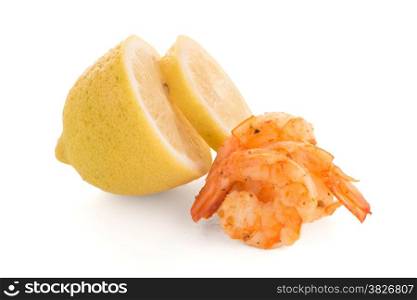 Fresh cooked shrimp with lime prepared to eat.
