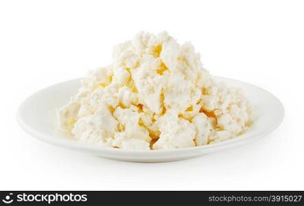 Fresh cottage cheese in round plate isolated on white background