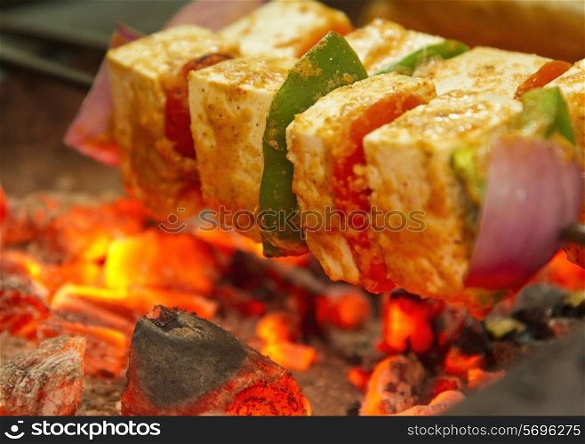Fresh cottage cheese kabab being barbecued