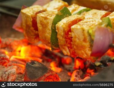 Fresh cottage cheese kabab being barbecued