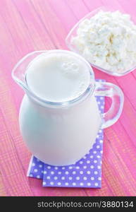 fresh cottage in the glass bowl and milk in jug and on a table