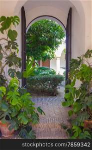 fresh courtyards with flowers and gate typical of homes in the city of Seville, Spain