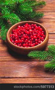 Fresh cranberries in a wooden bowl and fir branches. Fresh cranberries in bowl