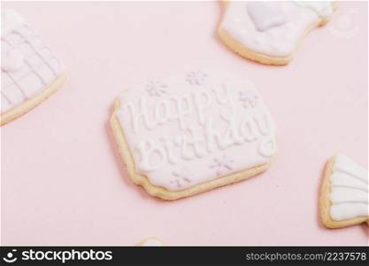 fresh creamy cookie with happy birthday text white background