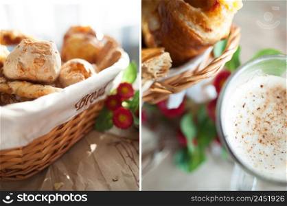 Fresh, crispy buns and croissants in a wicker basket and frothy cappuccino