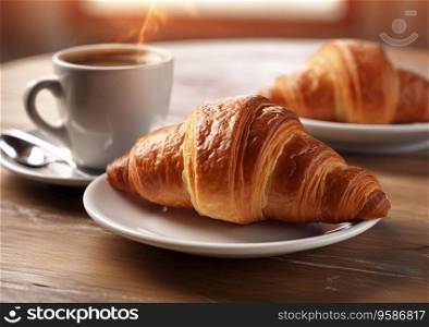 Fresh crispy croissants and cup of black coffee on table.Ai Generative
