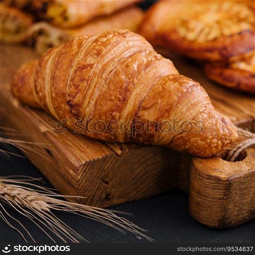 Fresh croissant and buns on wooden board