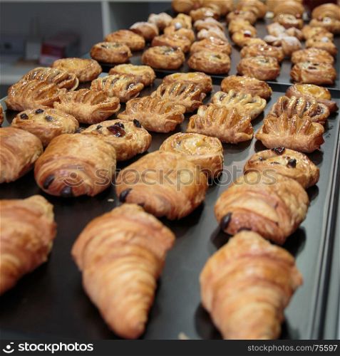 Fresh Croissants Assortment in Line for Continental Breakfast
