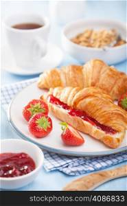fresh croissants with jam and strawberry for breakfast