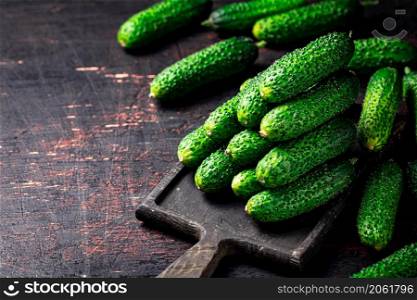 Fresh cucumbers on a wooden cutting board. Against a dark background. High quality photo. Fresh cucumbers on a wooden cutting board.