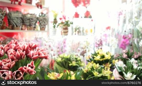 Fresh Cut Bouquets Tulips and Orchids In Flower Shop, Tilt Down