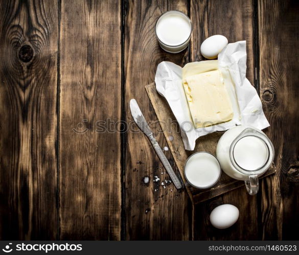 Fresh dairy products on the wooden table .. Fresh dairy products