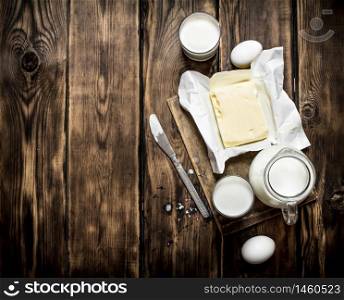 Fresh dairy products on the wooden table .. Fresh dairy products