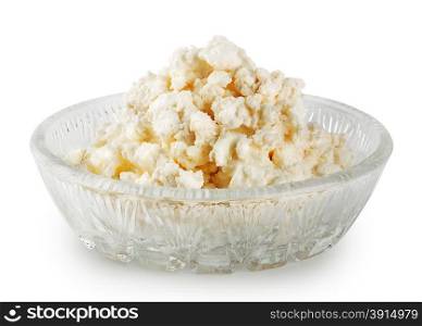 Fresh delicious cottage cheese in a glass dish isolated on white background