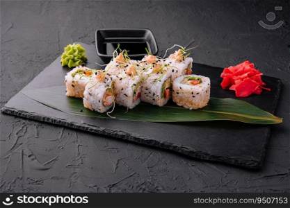 Fresh delicious Japanese sushi with shrimp