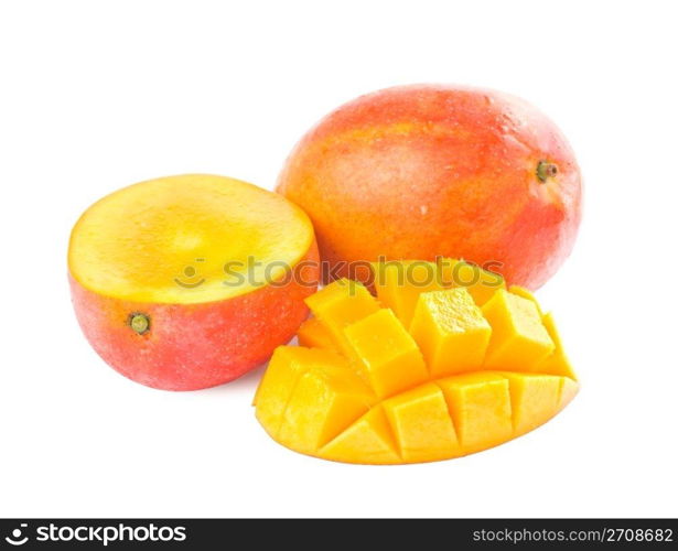 Fresh delicious mango fruit and slice isolated on white background