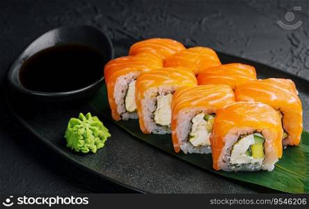 Fresh delicious philadelphia sushi on black plate