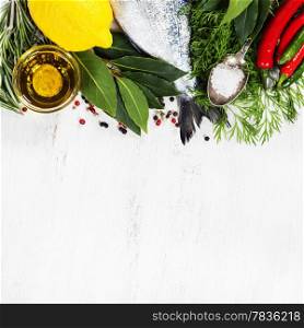 fresh dorado fish and vegetables on wooden board - food and drink