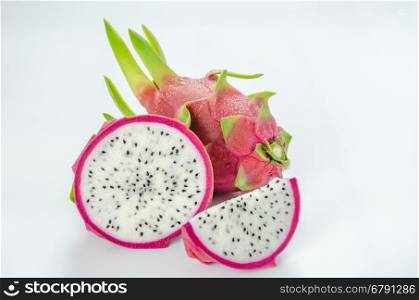 Fresh dragon fruit . Ripe Dragon fruit or Pitaya with slice on white background