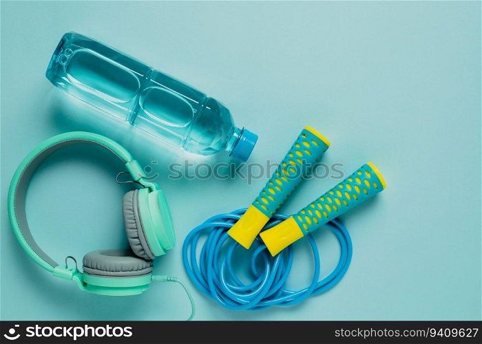 Fresh drinking water, jump rope and headphones on blue background for sports and healthcare concept