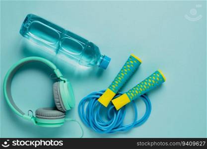 Fresh drinking water, jump rope and headphones on blue background for sports and healthcare concept