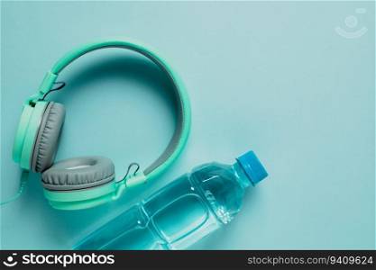Fresh drinking water with headphones on blue background for healthcare and relaxation concept