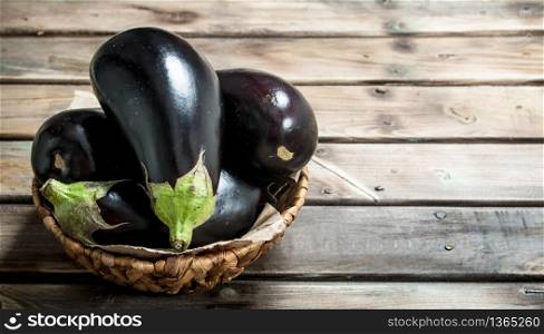 Fresh eggplant in the basket. On wooden background. Fresh eggplant in the basket.