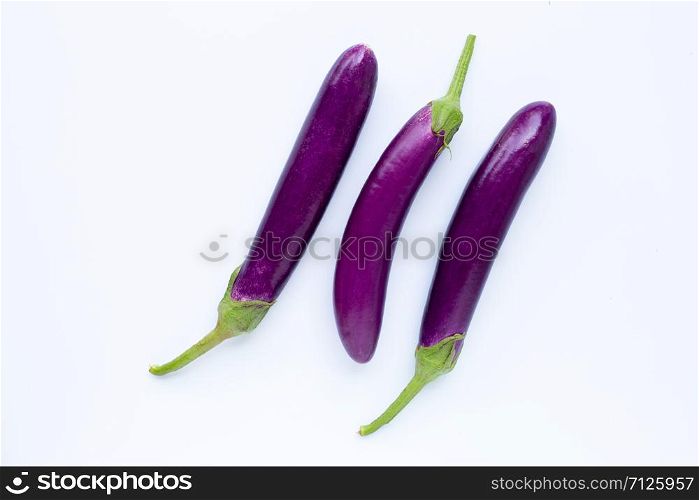 Fresh eggplant on white background. copy space